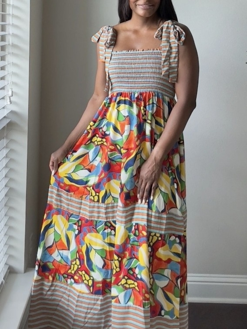 BUCKETLIST Multicolor Tie-Shoulder Smocked Maxi Dress